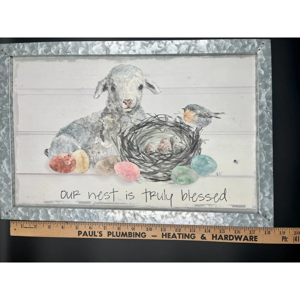 Farmhouse Galvanized Framed Art Our Nest Is Truly‎ Blessed Lamb Bird 18.25x12